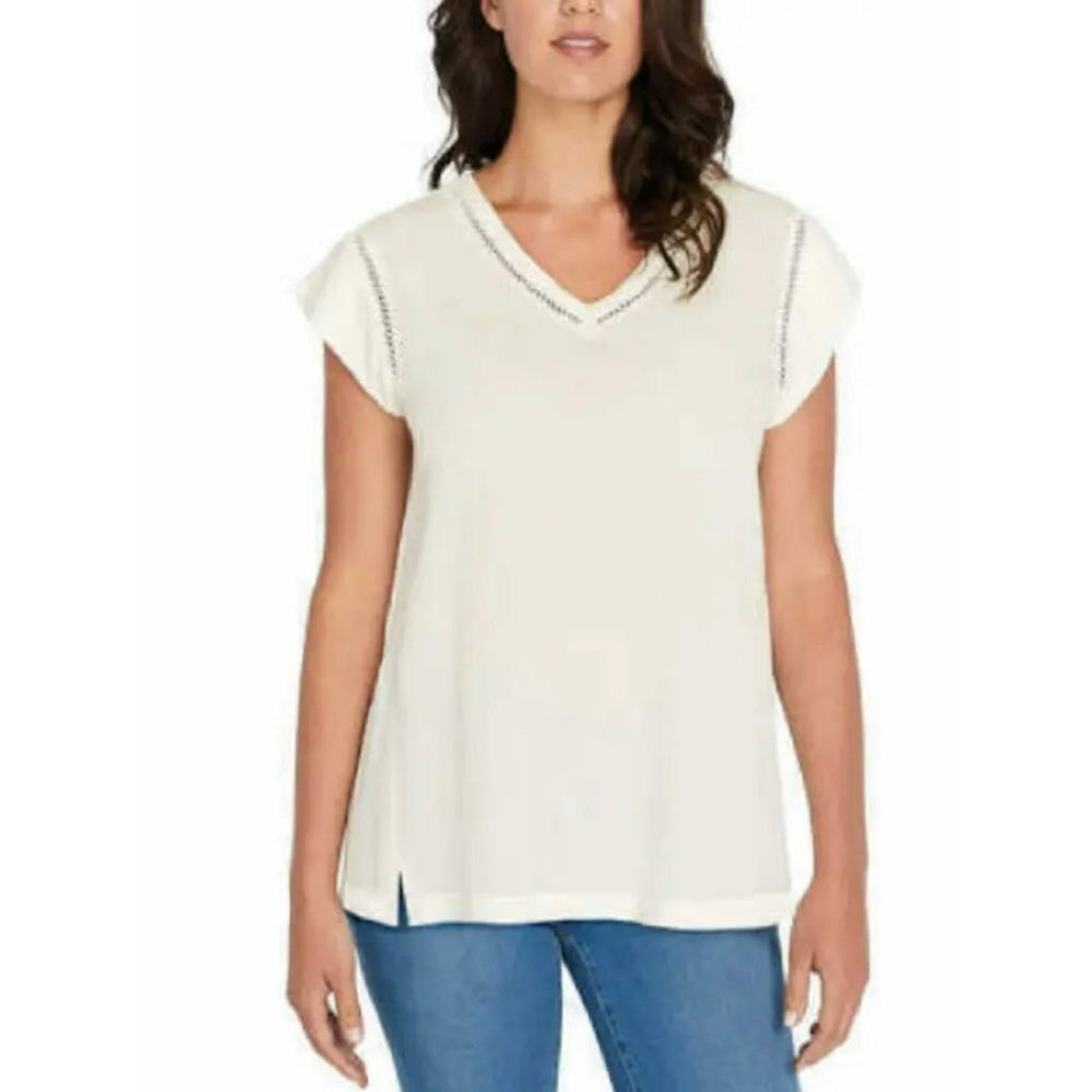 BUFFALO David Bitton Shirt Womens Large V-Neck Shirt White Short Sleeve
